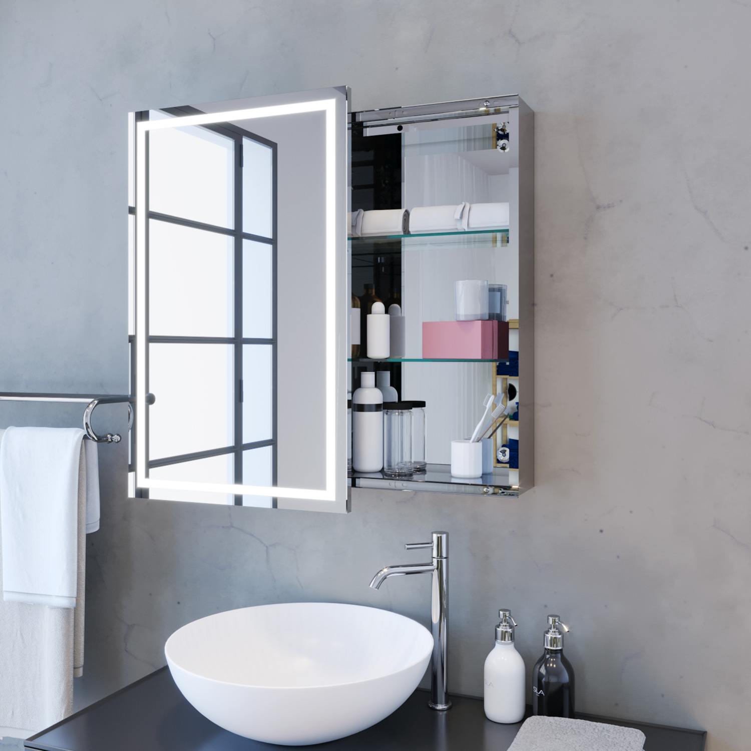 Led Bathroom Mirror Cabinet Shelf Wall Hanging Ir Sensor Ip44 Sliding Door Ebay
