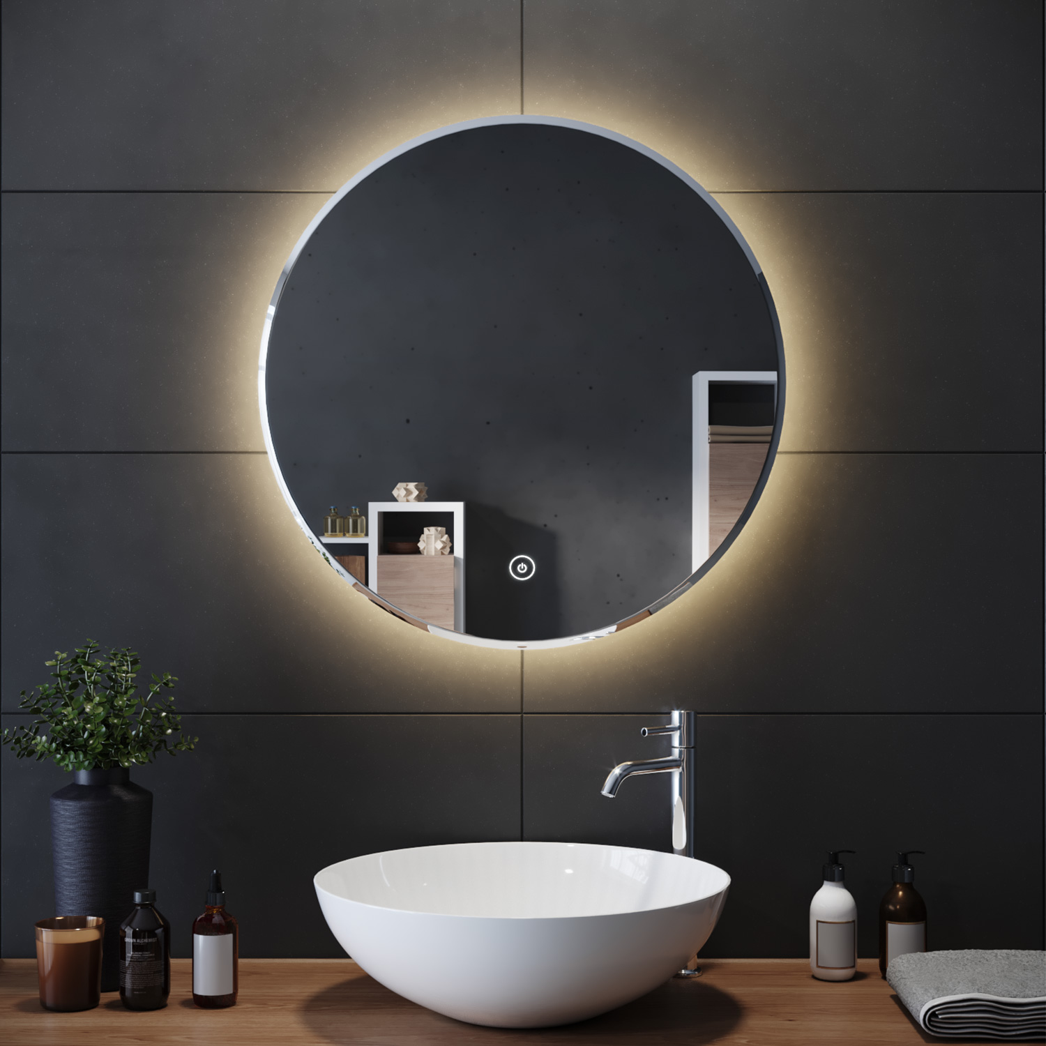 Round Led Illuminated Bathroom Mirror With Warm Light Smart Touch