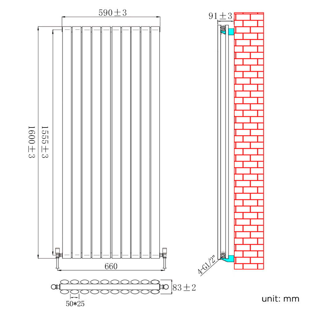 1660 Radiator ELEGANT 1600 x 590 mm Vertical Column Designer Radiator Double Oval ...