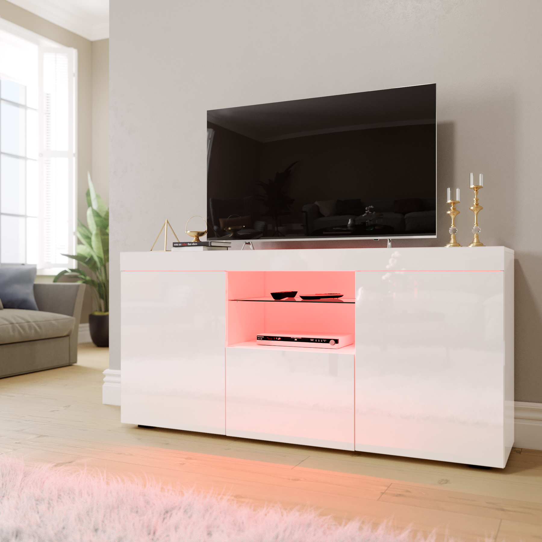 ELEGANT 1350mm Gloss White Modern Multi-Colour LED TV Unit Stand (Up to 52  Inches TV)